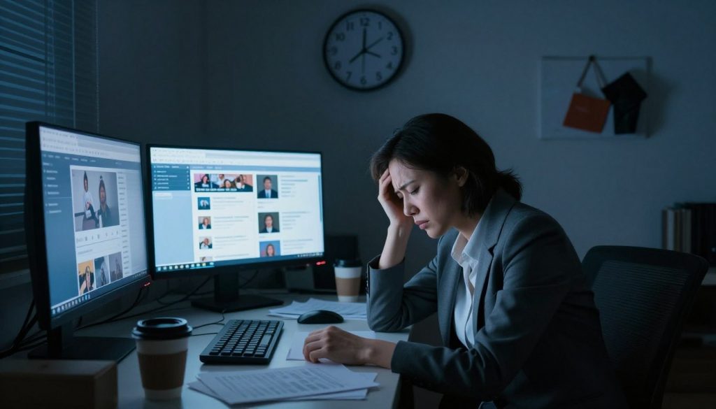 A dimly lit room showcasing a person sitting at a cluttered desk, illuminated by the blue glow of multiple screens displaying social media feeds and news articles. In the foreground, the person, wearing business-casual attire, shows signs of stress with furrowed brows and a tense posture, surrounded by empty coffee cups and scattered papers. In the middle ground, a wall clock reads late hours, indicating a loss of time. In the background, shadows of discarded personal items hint at neglect, creating an atmosphere of overwhelm and isolation. The overall color scheme should be cool and somber to reflect the emotional toll of digital addiction on mental health, capturing a sense of urgency and concern.