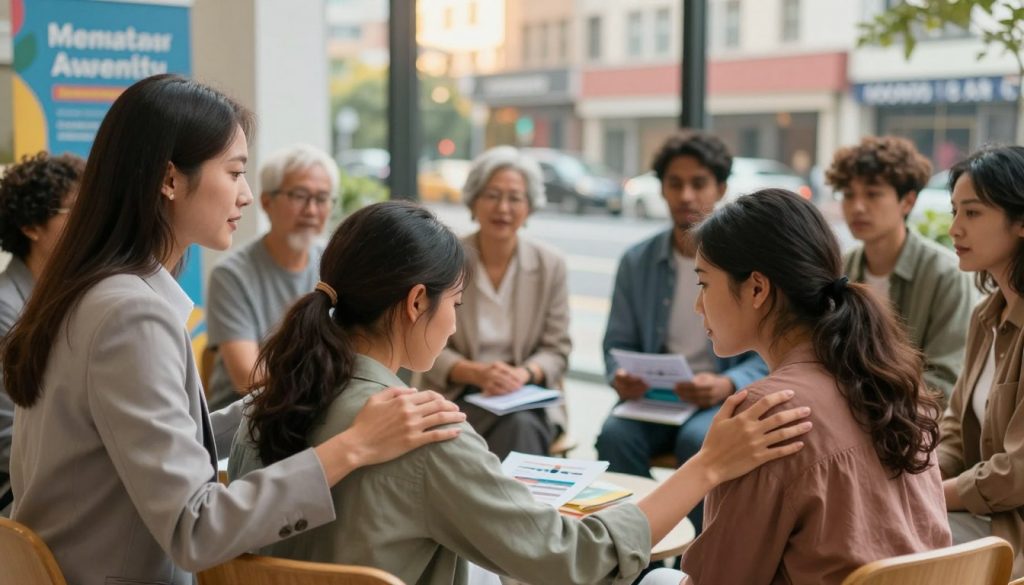 A diverse group of people in a vibrant urban setting, engaged in conversation and support, symbolizing the psychological impact on the community. In the foreground, a woman in professional business attire is comforting a visibly distressed friend, highlighting empathy and connection. The middle ground features a small gathering of community members, including people of different ages and backgrounds, participating in a mental health awareness event with informational pamphlets and a colorful banner. In the background, a bustling cityscape with soft, warm lighting enhances the inviting atmosphere, suggesting hope and solidarity. The scene captures an uplifting mood, promoting understanding and support for mental health issues within society. The focus should be on positive interactions, fostering a sense of community and resilience.