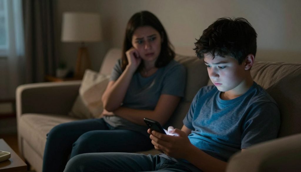 A family gathered in a living room, subtly reflecting the negative impacts of social media addiction. In the foreground, a teenager sits on a couch with a smartphone, their face illuminated by the screen's blue light, depicting a sense of isolation and focus. In the middle, a concerned parent is seated nearby, trying to engage in conversation, showing expressions of worry and compassion. The background features a slightly cluttered room with a dim, warm light, symbolizing comfort yet hinting at neglect. The atmosphere feels heavy and melancholic, representing the dichotomy of family closeness being overshadowed by digital distractions. The composition should evoke emotions of concern and urgency, using a soft focus on the family members to create an intimate yet poignant mood.