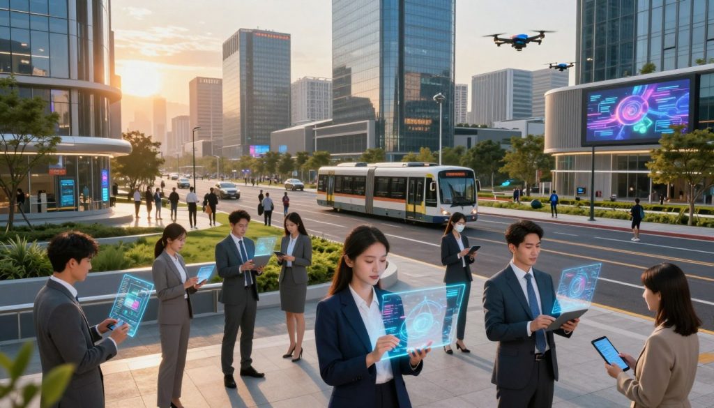 A futuristic urban landscape where technology seamlessly integrates with daily life. In the foreground, a diverse group of professionals in business attire engage with holographic devices, illustrating the impact of technology on communication. The middle ground features smart buildings with green spaces, public transport, and people using advanced gadgets, reflecting collaboration and innovation. In the background, a sunset casts warm light, creating a hopeful atmosphere, while drones and digital billboards hint at an evolving society. The scene should convey a sense of interconnectedness and optimism about the future, captured from a slightly elevated angle to give a comprehensive view of this dynamic environment. Focus on clear details and vibrant colors to emphasize the theme of social impacts of technology.