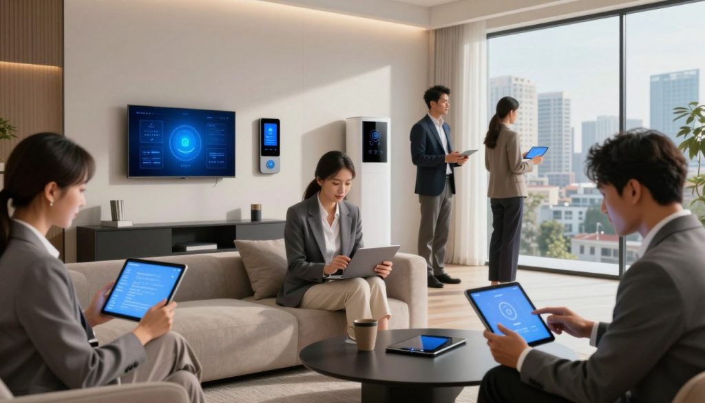 A modern living space showcasing the evolution of technology in daily life, emphasizing privacy and security. In the foreground, a diverse group of professionals in business attire interact with advanced gadgets, including tablets and smart home devices. The middle ground features a sleek, minimalist interior with smart appliances, displaying elements like automated lighting and a home security system. In the background, large windows reveal a bustling cityscape, symbolizing connectivity and progress. The scene is illuminated by soft, natural light, creating a warm atmosphere, while dynamic angles highlight the seamless integration of technology. The overall mood is optimistic and forward-looking, reflecting the balance of technological innovation and personal privacy in contemporary life.