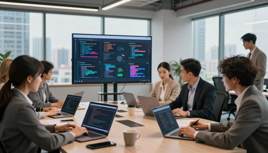 A modern workspace filled with advanced technology tools reflecting the theme of improving technical skills. In the foreground, a diverse group of professionals, dressed in smart business attire, collaborate over laptops and digital tablets, examining code and design software. In the middle ground, a large interactive digital screen displays infographics and tutorials on various technical skills, such as programming and data analysis. The background features a sleek office environment with floor-to-ceiling windows, showcasing a vibrant cityscape, symbolizing innovation and progress. The lighting is bright and inviting, with a warm tone that enhances the atmosphere of learning and teamwork, capturing a sense of motivation and focus in the pursuit of skill enhancement.
