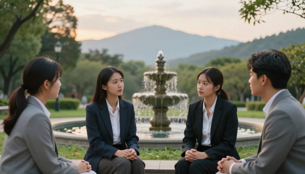 A serene and introspective scene representing "psychological balance." In the foreground, a diverse group of four individuals, dressed in professional business attire, engaging in deep conversation, each showing various subtle expressions of contemplation and empathy. In the middle ground, a tranquil park with lush greenery and soft, cascading water from a stone fountain, symbolizing emotional healing. The background features a scenic view of distant, lightly clouded mountains under a soft, golden sunset light, enhancing the peaceful mood. Use a shallow depth of field to focus on the individuals while maintaining a soft blur on the surroundings. The overall atmosphere should evoke a sense of calmness, support, and clarity, inviting viewers to reflect on mental health and interpersonal connections.