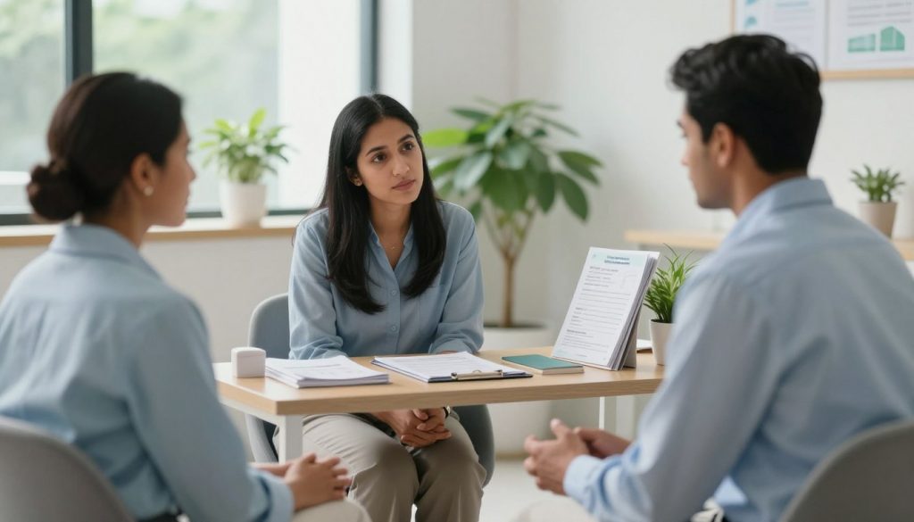 A serene and inviting mental health clinic interior. In the foreground, a therapist in professional attire sits across from a client, both engaged in a thoughtful discussion. The therapist, a Middle-Eastern woman with long black hair, is leaning slightly forward, conveying empathy. The client, a South Asian man, appears reflective and open. In the middle ground, a well-organized desk with mental health resources like brochures and assessment tools is visible. The background features large windows with soft, natural light streaming in, and calming plants scattered around, creating a peaceful atmosphere. The color palette includes soft blues and greens, promoting a sense of tranquility. The focus is on human connection and the diagnostic process in mental health.