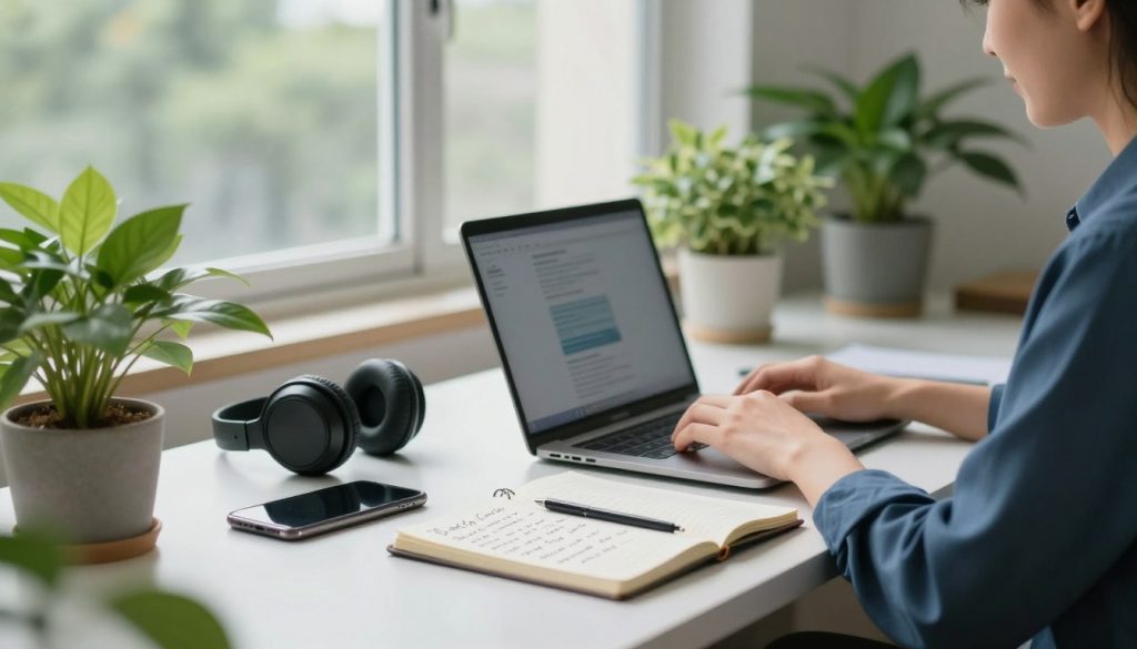 A serene and modern workspace depicting the theme of mental health and technology. In the foreground, a person in professional attire is sitting peacefully at a desk, engaging with a laptop, surrounded by potted plants that symbolize growth and tranquility. The middle section should include subtle representations of technology, such as a smartphone and headphones, resting beside a journal filled with handwritten notes on self-care strategies. In the background, soft natural light filters through a large window, illuminating the room and casting gentle shadows. The atmosphere is calm and inviting, evoking a sense of balance between technology and mental wellness, with a color palette of soft greens and blues to enhance a peaceful mood.