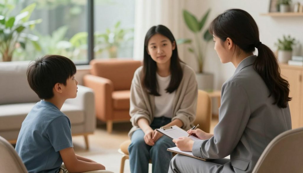 A serene and supportive environment illustrating psychological support for children and adolescents. In the foreground, a compassionate therapist, dressed in professional attire, is engaged in conversation with a young boy and a teenager, both looking relaxed and attentive. The middle ground features comfortable seating, warm colors, and cozy décor, suggesting a safe space. In the background, soft natural light filters through large windows, illuminating a calm indoor garden, enhancing the atmosphere of trust and openness. The image conveys a warm, empathetic mood, emphasizing a nurturing approach to mental health support, with an emphasis on connection, understanding, and professionalism.