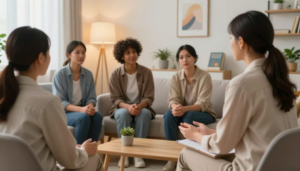 A serene and supportive therapy session scene, depicting a diverse group of individuals in a cozy counseling room. In the foreground, a compassionate therapist, wearing professional attire, is engaging with a client who looks relieved and open, reflecting the importance of mental health support. In the middle ground, additional supportive elements like calming plants and comforting furnishings enhance the atmosphere. The background features soft, warm lighting casting a gentle glow throughout the room, with shelves containing self-help books and soothing art pieces. The mood is uplifting and safe, inviting a sense of healing and connection. The angle captures a wider view to emphasize the supportive environment without any text or distractions.