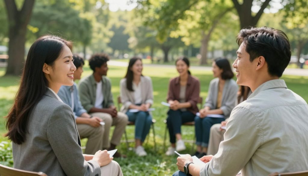A serene and uplifting scene depicting a diverse group of people engaged in meaningful conversations in a lush park setting. In the foreground, a young woman in professional attire is smiling as she shares ideas with a man in casual business wear, who is actively listening and nodding. In the middle ground, a small circle of people is laughing and exchanging stories, showcasing a sense of community and trust. The background features vibrant greenery and soft sunlight filtering through the trees, creating a warm and inviting atmosphere. The overall mood is positive and encouraging, emphasizing personal growth and the importance of social connections. Use soft, natural lighting to evoke a sense of calm and harmony, captured from a slightly elevated angle to encompass the scene's depth.