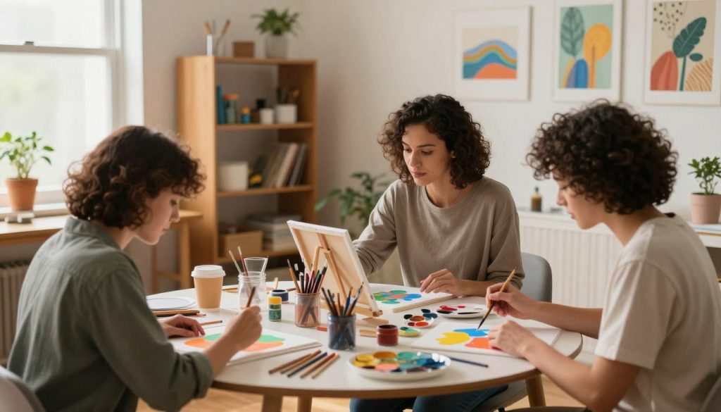 A serene art therapy session in a softly lit room, with warm, natural lighting filtering through large windows. In the foreground, a diverse group of three individuals, dressed in casual yet modest clothing, engage in creating art at a round table filled with colorful paints, brushes, and canvases. In the middle ground, one person is focused on painting while another is guiding and encouraging them, reflecting teamwork and support. The background shows shelves filled with art supplies and hanging artwork, creating an inspiring and creative atmosphere. The mood is uplifting and inviting, emphasizing healing through creativity and emotional expression. The angle captures the energy of collaboration and the transformative power of art in mental health improvement.