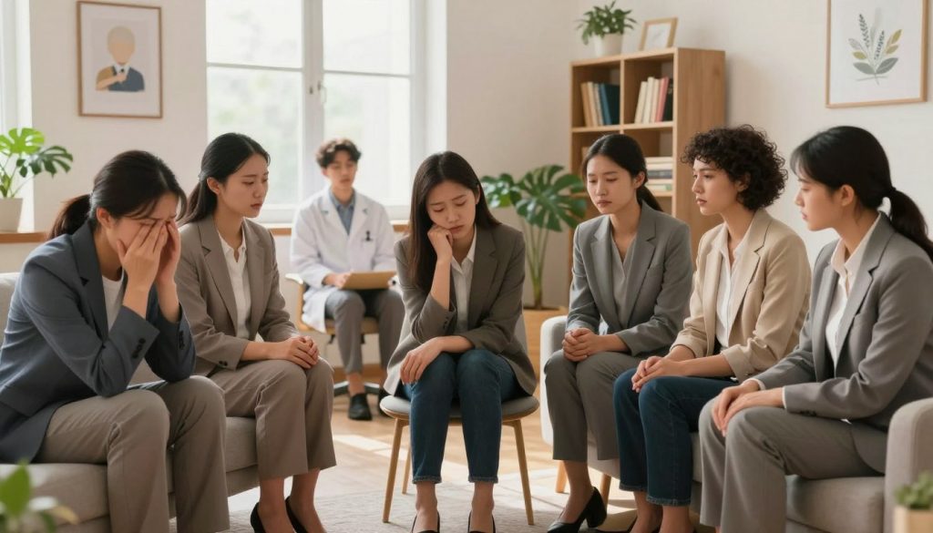 A visually compelling illustration depicting common mental disorders and conditions. In the foreground, a diverse group of individuals in professional business attire, expressing a range of emotions: anxiety, depression, and calmness. They are seated on a modern couch in a softly lit therapy room, surrounded by soothing artwork and indoor plants. In the middle ground, a psychiatrist’s chair and a bookshelf filled with psychological literature can be seen. The background features a large window with natural light streaming in, enhancing the tranquil atmosphere. The mood conveys a sense of understanding and support amidst the challenges of mental health. Use soft, warm lighting to create a comforting environment. The composition should focus on the humans’ expressions and the serene ambiance of the therapy setting.