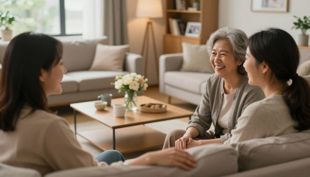 A warm and inviting scene illustrating "human relationships," focusing on the support of friends and family. In the foreground, a diverse group of three adults—two women and one man—are sitting together on a cozy couch, engaged in heartfelt conversation and laughter, wearing modest casual clothing. In the middle ground, a soft coffee table with a floral arrangement and mugs creates a homely atmosphere. The background features a softly lit living room with warm colors, showing shelves with books and family photos, enhancing the sense of community. The lighting is gentle and natural, streaming in through a large window, creating a comforting and intimate mood. The camera lens captures the scene from a slightly elevated angle, emphasizing connection and emotional support.